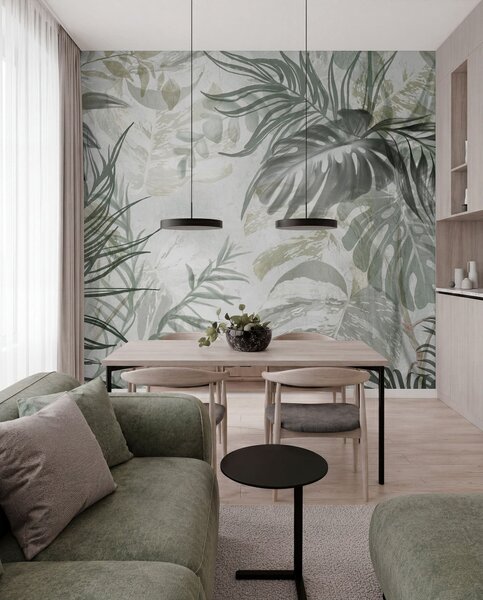 Fototapety Monstera i liście palmy w odcieniach zieleni i szarości, botaniczne, tropikalne liście, rośliny, Fototapety Natura, w09011 : Uwalls.pl