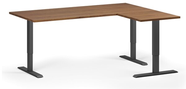 Narożne biurko z regulacją wysokości, 180x140 cm, 3 silniki, L/P, czarna podstawa, orzech