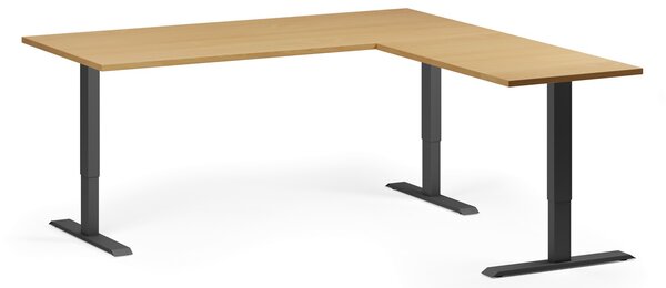 Narożne biurko z regulacją wysokości, 180x180 cm, 3 silniki, L/P, czarna podstawa, buk