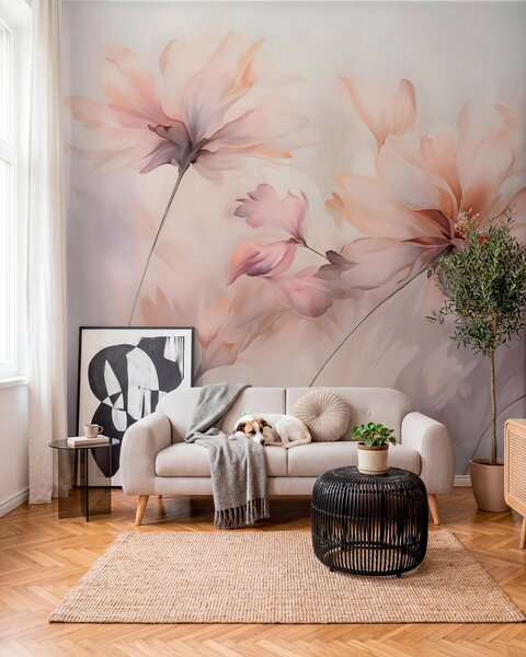 Fototapety Delikatna grafika kwiatowa z dużymi pastelowymi kwiatami z półprzezroczystymi płatkami, miękkimi, Fototapety Akwarele, w09050 : Uwalls.pl