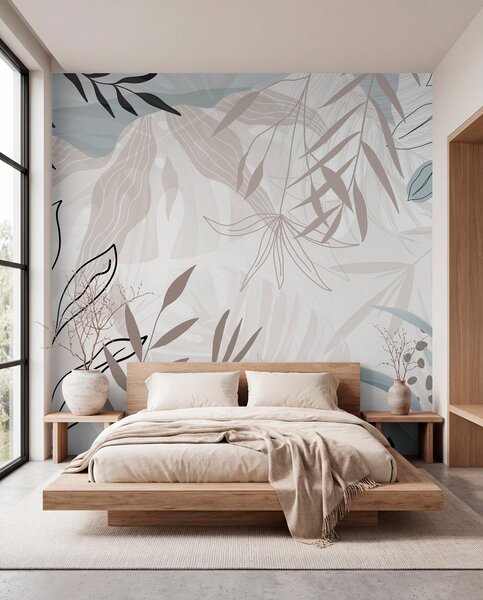 Fototapety Abstrakcyjny kwiatowy nowoczesny design z pastelowymi beżowymi, szarymi, niebieskimi i czarnymi, Nowoczesne Fototapety, w09105 : Uwalls.pl