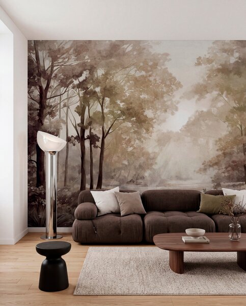 Fototapety Teksturowany krajobraz leśny, drzewa z beżowymi i brązowymi liśćmi, pastelowa paleta kolorów, Fototapety Natura, w09210 : Uwalls.pl