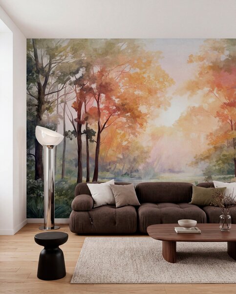 Fototapety Teksturowany krajobraz leśny, drzewa z pomarańczowymi i zielonymi liśćmi, pastelowa paleta kolorów, Fototapety Natura, w09210v1 : Uwalls.pl