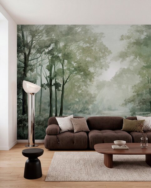 Fototapety Teksturowany krajobraz leśny, drzewa z zielonymi liśćmi, pastelowa paleta kolorów, Fototapety Natura, w09210v2 : Uwalls.pl