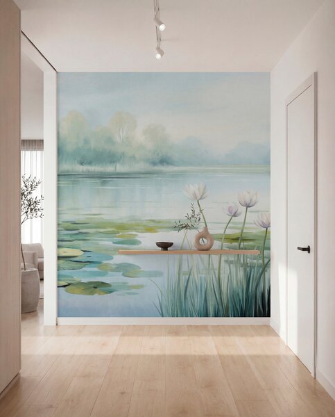 Fototapety Krajobraz z jeziorem, liliami wodnymi i liśćmi lilii, drzewami w tle, w spokojnym otoczeniu, w, Fototapety Natura, w09395 : Uwalls.pl