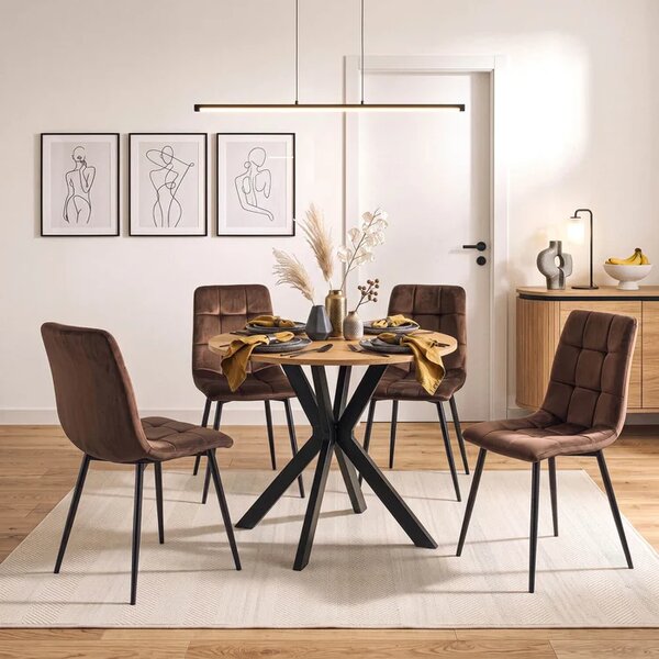 Zestaw Stół Okrągły LAUREN 80 cm Dąb Złoty/Czarny i 4 Krzesła PERU Brązowe