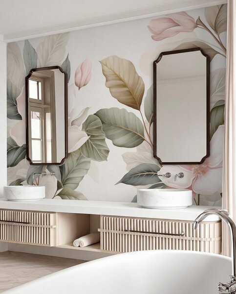 Fototapety Kwiaty magnolii z liśćmi w pastelowych kolorach, białym, różowym i zielonym, miękkie, delikatne, w, Fototapety Kwiaty, w09427 : Uwalls.pl