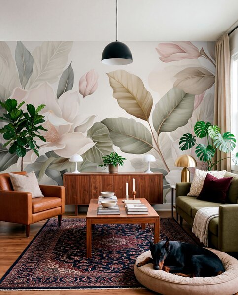 Fototapety Kwiaty magnolii z liśćmi w pastelowych kolorach, białym, różowym i zielonym, miękkie, delikatne, w, Fototapety Kwiaty, w09427 : Uwalls.pl