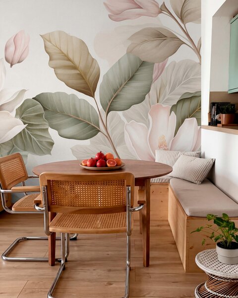 Fototapety Kwiaty magnolii z liśćmi w pastelowych kolorach, białym, różowym i zielonym, miękkie, delikatne, w, Fototapety Kwiaty, w09427 : Uwalls.pl