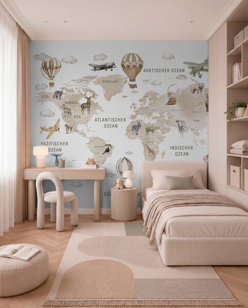 Fototapety Mapa dla dzieci w stylu akwareli, z motywami zwierząt i balonów na ogrzane powietrze. Język, Fototapety Mapy, c00001dev2 : Uwalls.pl