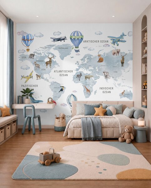 Fototapety Mapa dla dzieci w stylu akwareli z motywem zwierząt i balonów na ogrzane powietrze. Język, Fototapety Mapy, c00001dev1 : Uwalls.pl