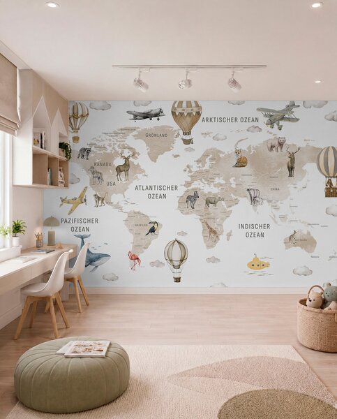 Fototapety Mapa dla dzieci w stylu akwareli, z motywami zwierząt i balonów na ogrzane powietrze. Język, Fototapety Mapy, c00001dev2 : Uwalls.pl
