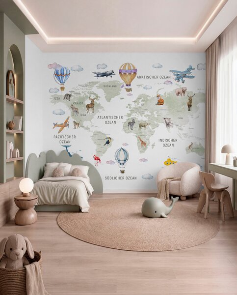 Fototapety Mapa dla dzieci w stylu akwareli z motywem zwierząt i balonów na ogrzane powietrze. Język, Fototapety Mapy, c00001de : Uwalls.pl