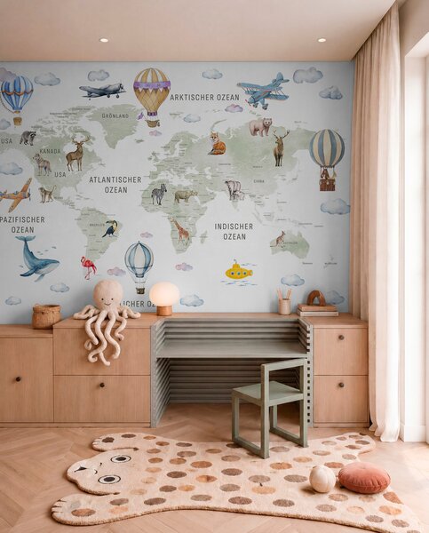 Fototapety Mapa dla dzieci w stylu akwareli z motywem zwierząt i balonów na ogrzane powietrze. Język, Fototapety Mapy, c00001de : Uwalls.pl