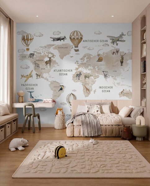 Fototapety Mapa dla dzieci w stylu akwareli, z motywami zwierząt i balonów na ogrzane powietrze. Język, Fototapety Mapy, c00001dev2 : Uwalls.pl