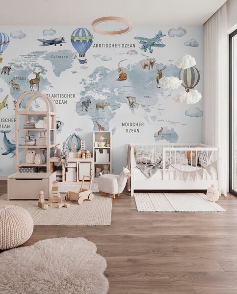 Fototapety Mapa dla dzieci w stylu akwareli z motywem zwierząt i balonów na ogrzane powietrze. Język, Fototapety Mapy, c00001dev1 : Uwalls.pl