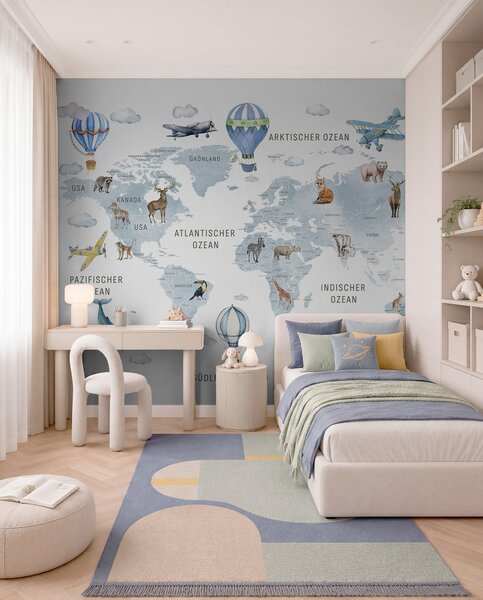 Fototapety Mapa dla dzieci w stylu akwareli z motywem zwierząt i balonów na ogrzane powietrze. Język, Fototapety Mapy, c00001dev1 : Uwalls.pl