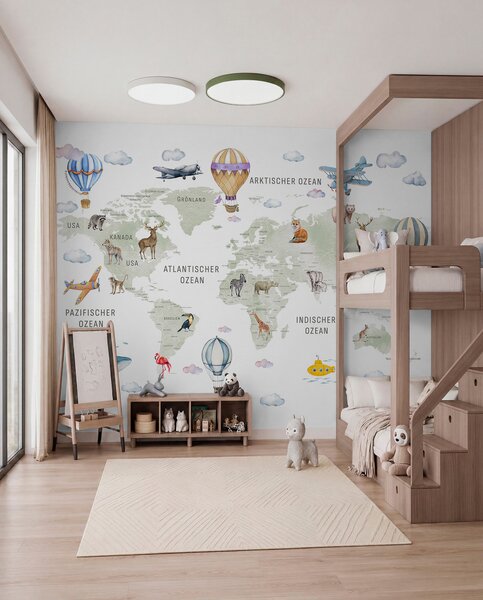 Fototapety Mapa dla dzieci w stylu akwareli z motywem zwierząt i balonów na ogrzane powietrze. Język, Fototapety Mapy, c00001de : Uwalls.pl