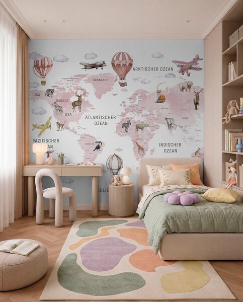 Fototapety Mapa dla dzieci w stylu akwareli z motywem zwierząt i balonów na ogrzane powietrze. Język, Fototapety Mapy, c00001dev3 : Uwalls.pl