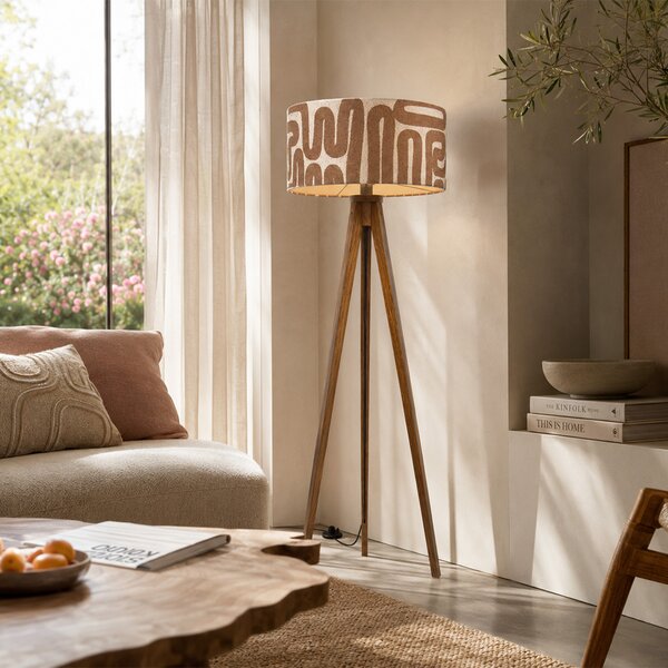 Lampa podłogowa Trójnóg z drewna orzechowego z brązowo-beżowym abażurem w paski 50 cm - Tripod Classic