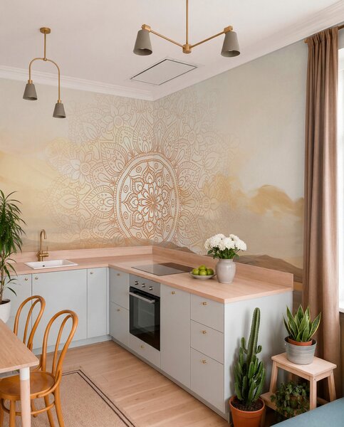 Fototapety Teksturowany, symetryczny wzór mandali nakładający się na krajobraz z morzem, wzgórzami i niebem, w, Fototapety Boho, w09491 : Uwalls.pl