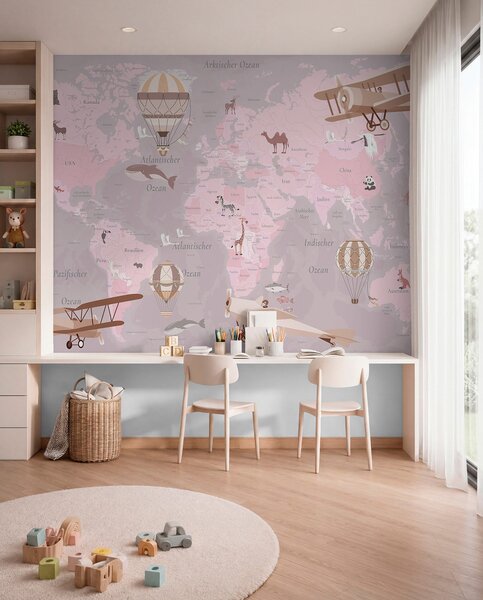 Fototapety Mapa świata dla dzieci z zwierzętami, samolotami i balonami na ogrzane powietrze. Język, Fototapety Mapy, c00003dev3 : Uwalls.pl