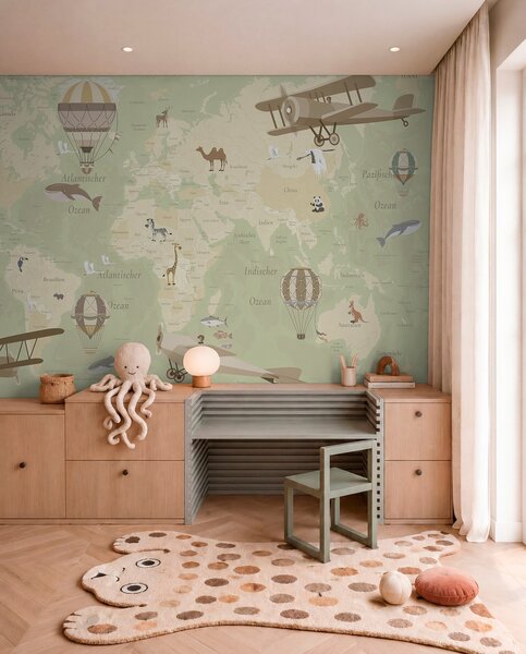 Fototapety Mapa świata dla dzieci z zwierzętami, samolotami i balonami na ogrzane powietrze. Język, Fototapety Mapy, c00003dev2 : Uwalls.pl