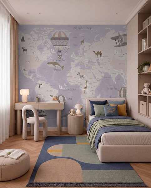 Fototapety Mapa świata dla dzieci z zwierzętami, samolotami i balonami na ogrzane powietrze. Język, Fototapety Mapy, c00003dev4 : Uwalls.pl