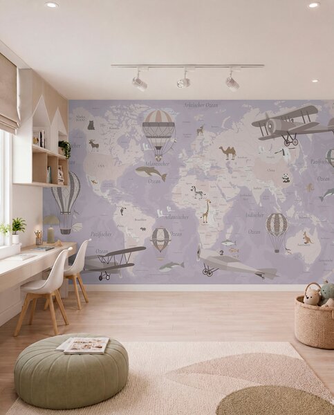 Fototapety Mapa świata dla dzieci z zwierzętami, samolotami i balonami na ogrzane powietrze. Język, Fototapety Mapy, c00003dev4 : Uwalls.pl