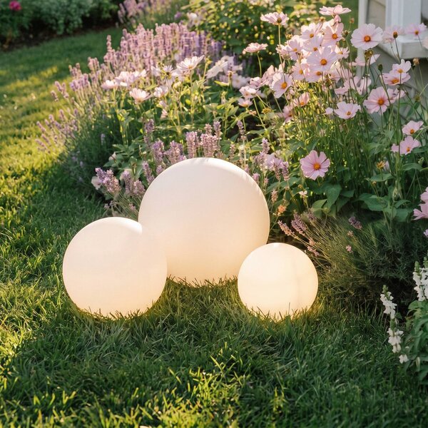 Lampy solarne LED Lindby Lago, zestaw 3, kule, szpikulec, biały Lago, biały / opal, tworzywo sztuczne, nowoczesny
