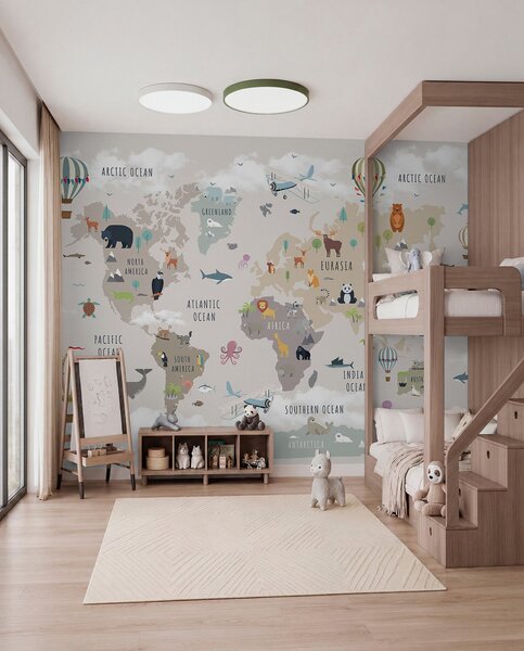 Fototapety Mapa świata dla dzieci z zwierzętami i balonami na ogrzane powietrze. Język angielski., Fototapety Mapy, c00002en : Uwalls.pl