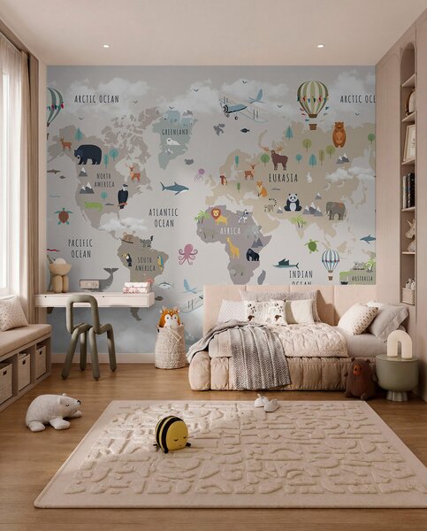 Fototapety Mapa świata dla dzieci z zwierzętami i balonami na ogrzane powietrze. Język angielski., Fototapety Mapy, c00002en : Uwalls.pl