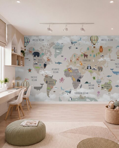 Fototapety Mapa świata dla dzieci z zwierzętami i balonami na ogrzane powietrze. Język angielski., Fototapety Mapy, c00002en : Uwalls.pl