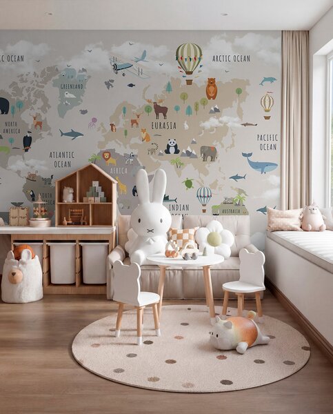 Fototapety Mapa świata dla dzieci z zwierzętami i balonami na ogrzane powietrze. Język angielski., Fototapety Mapy, c00002en : Uwalls.pl