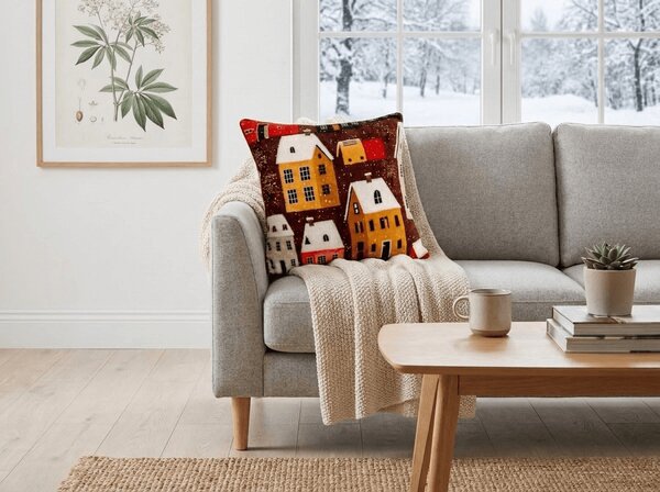 Mikropluszowa poszewka na poduszkę SNOWY VILLAGE 45x45 cm, kolorowa