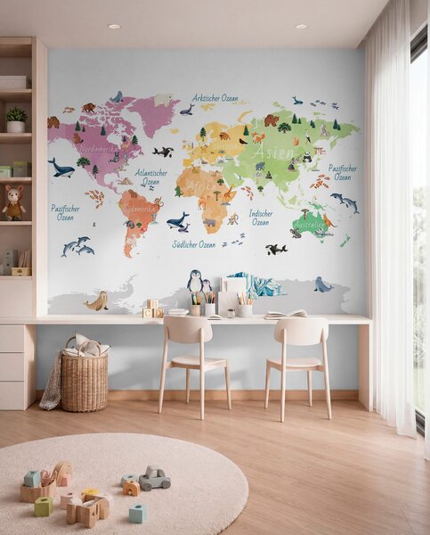 Fototapety Mapa w stylu akwareli przedstawiająca zwierzęta, rośliny i zabytki architektury. Napisy w języku, Fototapety Mapy, c00009de : Uwalls.pl