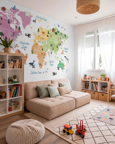 Fototapety Mapa w stylu akwareli przedstawiająca zwierzęta, rośliny i zabytki architektury. Napisy w języku, Fototapety Mapy, c00009de : Uwalls.pl