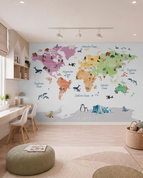 Fototapety Mapa w stylu akwareli przedstawiająca zwierzęta, rośliny i zabytki architektury. Napisy w języku, Fototapety Mapy, c00009de : Uwalls.pl