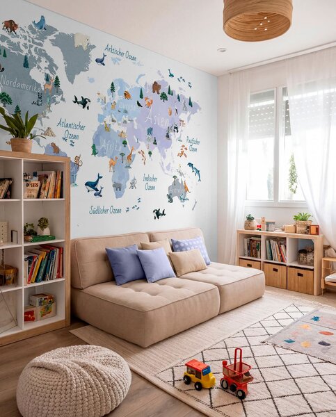 Fototapety Niebieska mapa w stylu akwareli, przedstawiająca zwierzęta, rośliny i zabytki architektury., Fototapety Mapy, c00009dev1 : Uwalls.pl