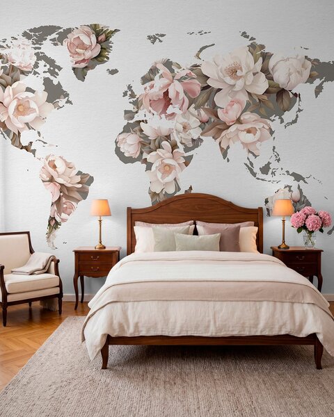 Fototapety Delikatna, kremowa mapa świata ułożona z kwiatów, Fototapety Mapy, c00008 : Uwalls.pl