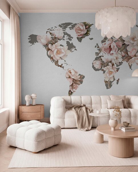 Fototapety Delikatna, kremowa mapa świata ułożona z kwiatów, Fototapety Mapy, c00008 : Uwalls.pl