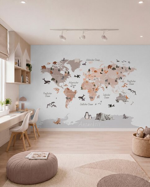 Fototapety Mapa w stylu akwareli w kolorze beżowym, przedstawiająca zwierzęta, rośliny i zabytki, Fototapety Mapy, c00009dev3 : Uwalls.pl