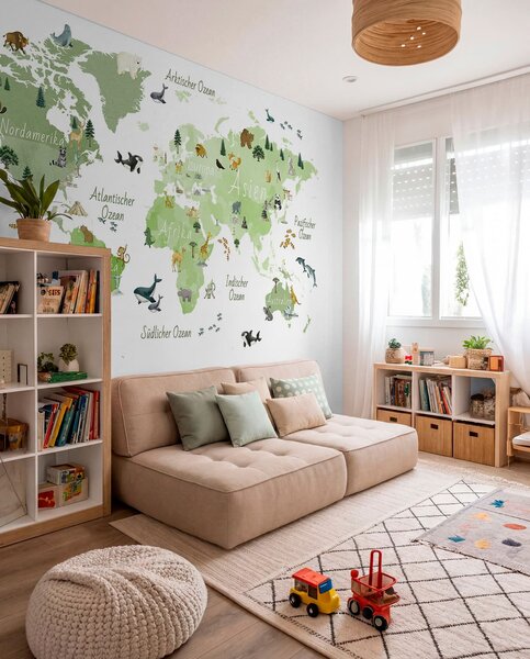 Fototapety Mapa w stylu akwareli przedstawiająca zwierzęta, rośliny i zabytki architektury. Napisy w języku, Fototapety Mapy, c00009dev2 : Uwalls.pl