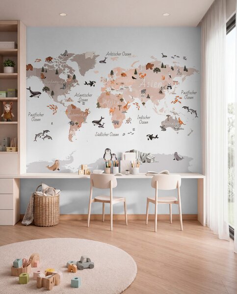 Fototapety Mapa w stylu akwareli w kolorze beżowym, przedstawiająca zwierzęta, rośliny i zabytki, Fototapety Mapy, c00009dev3 : Uwalls.pl