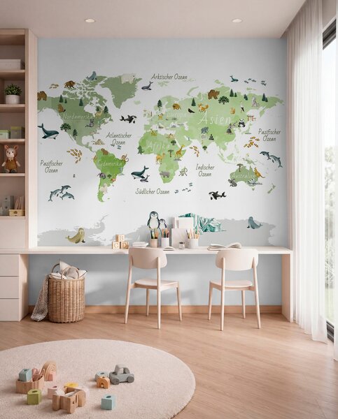 Fototapety Mapa w stylu akwareli przedstawiająca zwierzęta, rośliny i zabytki architektury. Napisy w języku, Fototapety Mapy, c00009dev2 : Uwalls.pl