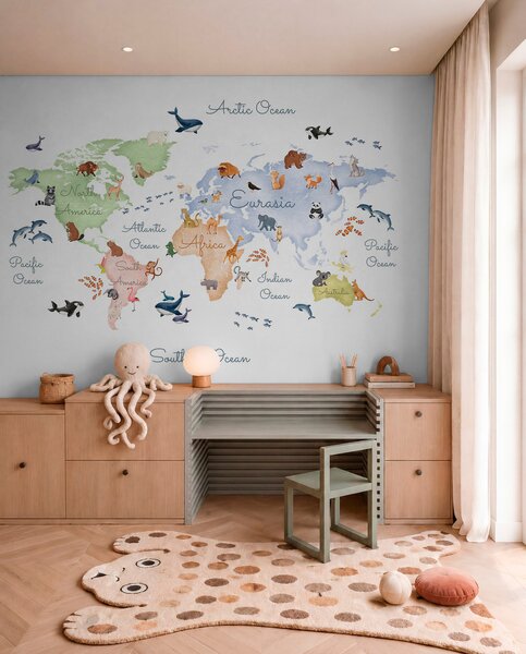 Fototapety Mapa w stylu akwareli przedstawiająca zwierzęta. Napisy w języku angielskim, Fototapety Mapy, c00012en : Uwalls.pl