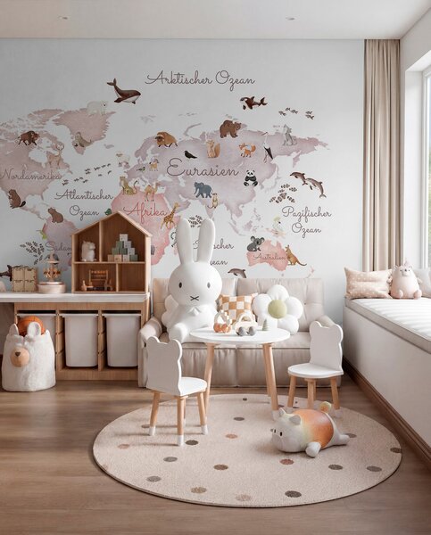Fototapety Mapa w stylu akwareli w kolorze beżowym z motywami zwierzęcymi. Napisy w języku niemieckim, Fototapety Dziecięce, c00012dev3 : Uwalls.pl