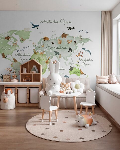 Fototapety Mapa w stylu akwareli przedstawiająca zwierzęta. Napisy w języku niemieckim, Fototapety Dziecięce, c00012dev2 : Uwalls.pl