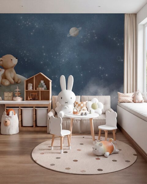 Fototapety Pastelowa ilustracja przedstawiająca niedźwiadka i lisa na tle nocnego nieba, Fototapety Dziecięce, w05431 : Uwalls.pl
