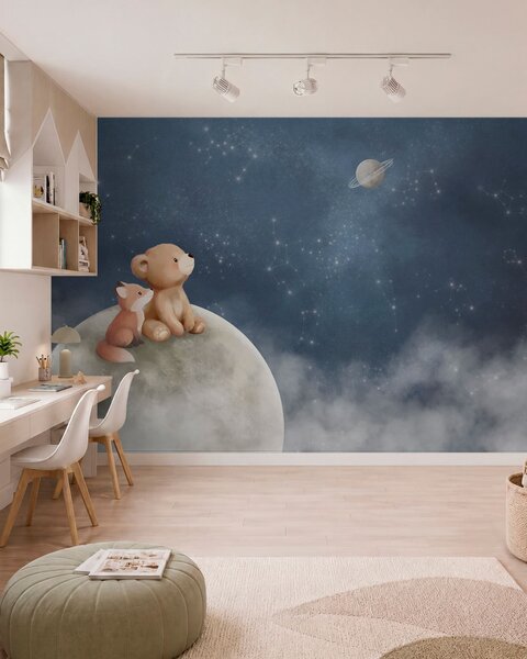 Fototapety Pastelowa ilustracja przedstawiająca niedźwiadka i lisa na tle nocnego nieba, Fototapety Dziecięce, w05431 : Uwalls.pl